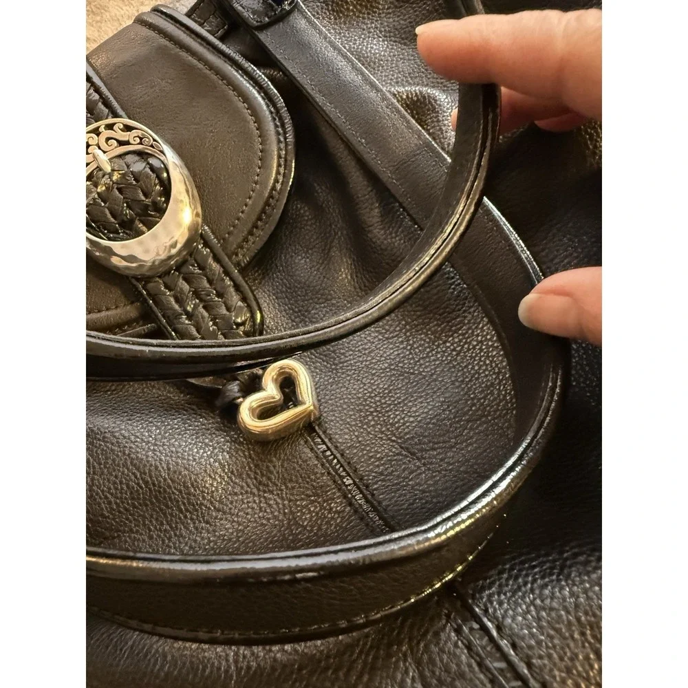 Brighton Handbag Black Leather Hobo Purse Heart Charm Shoulder Bag Silver Detail